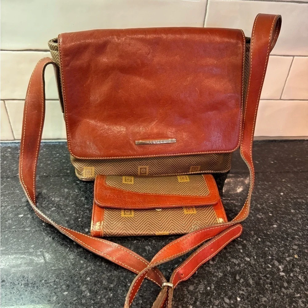 Vintage TEXIER Leather & Canvas Messenger Doctor Purse Bag & Wallet Set France